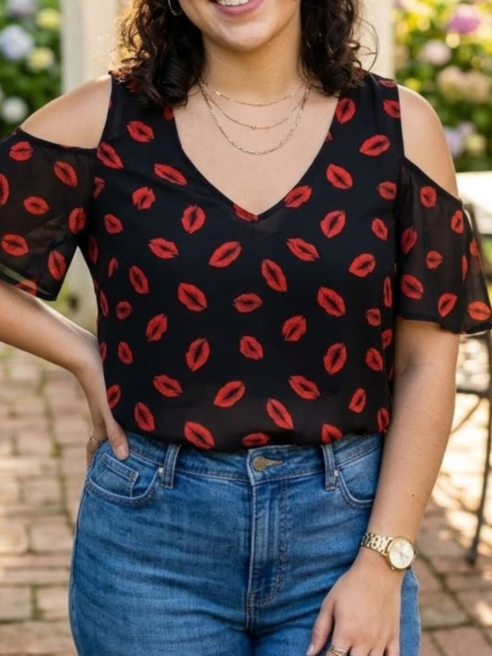 Torrid Women's Black Semi Sheer Cold Shoulder Top Blouse Red Lips Size 0